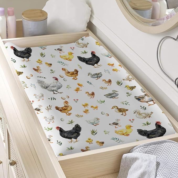 Spring Farm Animals Boho Leaves Changing Pad Covers Chick Rooster Hen Duck Eggs Baby Diaper Changing Pad Cover for Boy Girl Soft Breathable Stretchy Baby Changing Table Sheets Mats 32''x16''
