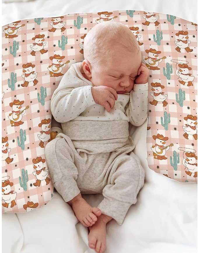 Geese Cowboy Baby Nursing Pillow Covers for Boy Girl Cute Western Duck Cactus Pink Checkered Nursing Pillowcase for Breastfeeding Pillows Wild West Animal Soft Stretchy Slipcovers for Newborn Infant