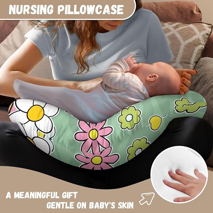 Hippie Flowers Nursing Pillow Cover with Hidden Zipper Removable Cover for Breastfeeding Pillows Skin-Friendly Infant Feeding Cushion Cover for Home Decor