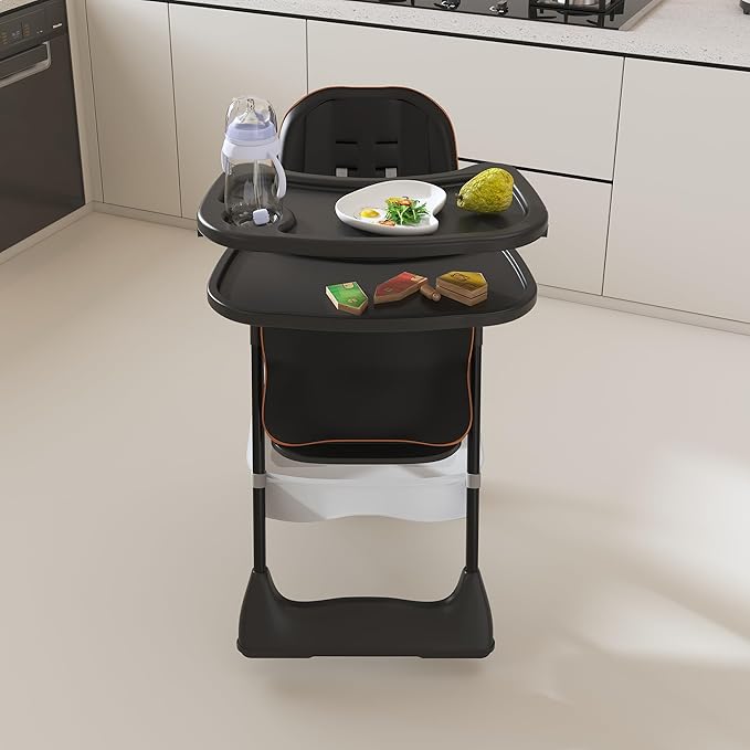 Black Convertible Height Toddler High Chair with Lockable Wheels, Portable Foldable Baby Feeding Seat with Tray, Adjustable Highchair Easy Clean for Babies and Toddlers Ages 0-6 Years