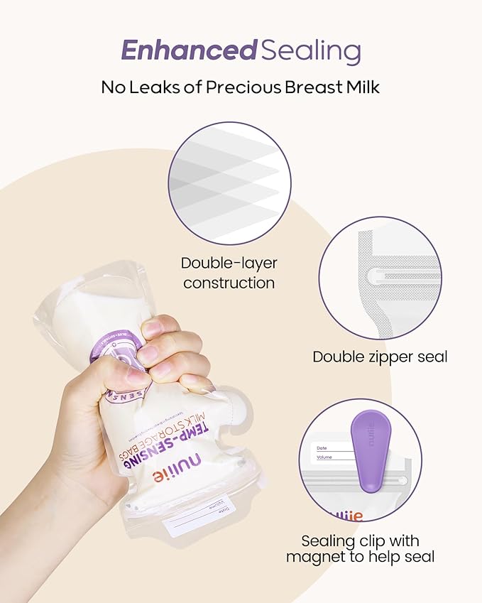 Nuliie 140pcs Temp-Sensing Breastmilk Storage Bag, Huge Temp-Sensing Icon & Locking Clamp, 6oz Breast Milk Storage Bags Freezer Pour Spout, Self Standing Milk Storage Bags Breastmilk, BPA-Free No-Leak