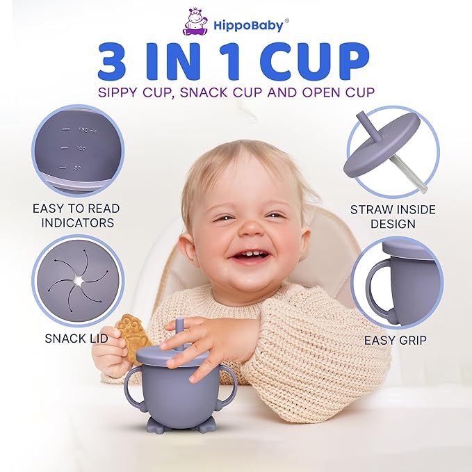 HippoBaby Baby Led Weaning Supplies | 10 Piece Silicone Feeding Set | Baby Toddler Bib Cup Divided Plate and Bowl Self Feeding Spoons Dish Set | Baby Utensils | Toddler Feeding Supplies (Lavender)