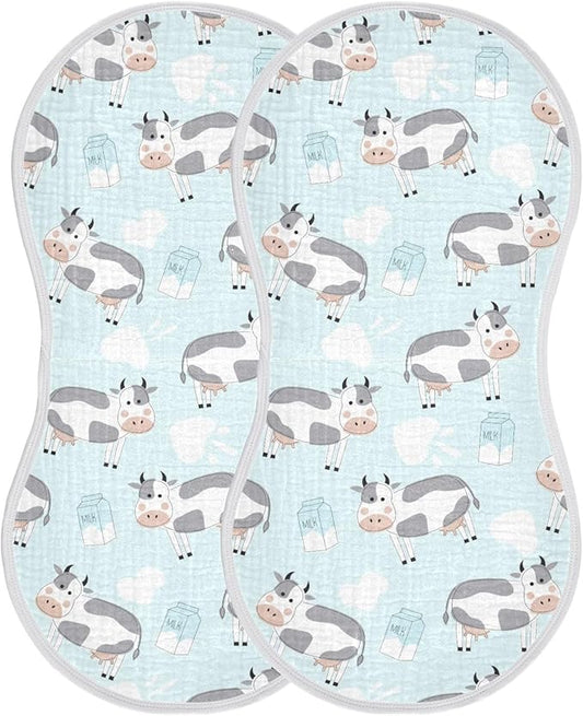 Muslin Burp Cloths for Baby Boys and Girls - 2-Pack Ultra Absorbent Cow Muslin Washcloths, Newborn Towel, Milk Spit Up Rags, Burp Cloth Bibs for Unisex, 22 x 11 Inch