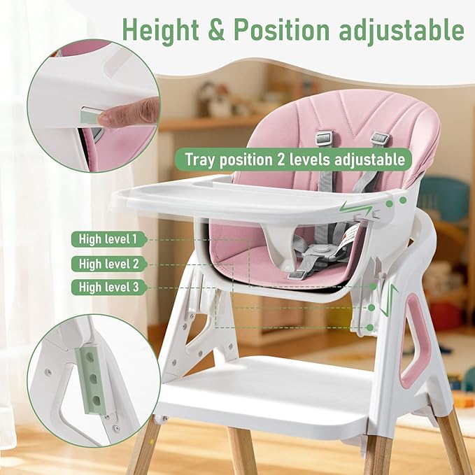Baby High Chair, Babies and Toddlers Convertible Slim High Chair with 6 Growing Stages from Infant to Toddler Seating with Removable Tray, Easy to Clean,Pink Cushion