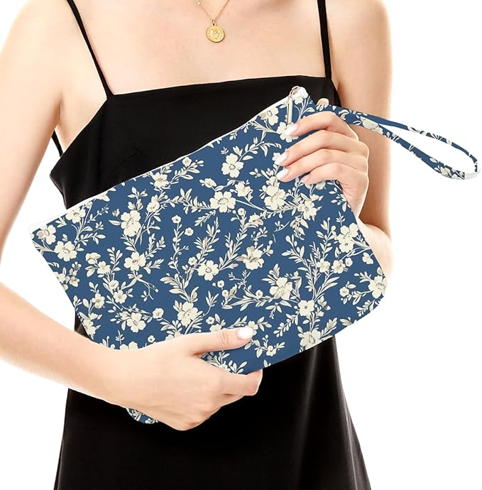 Fokongna Floral Print Wet Bag, Small Portable Waterproof Multi-Functional Organizer for Women, Blue Tiny White Floral, Ideal for Daily, Beach & Travel