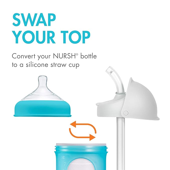 Boon Nursh Silicone Baby Bottle Nipples and Straw Sippy Cup Lids for Boon Nursh Bottles - 3 Count Extra Slow Flow Nipples and 2 Count Conversion Straw Tops