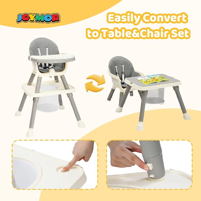 JOYMOR 7 in 1 High Chair for Babies and Toddlers, Convertible Kids Learning Table and Chair with Large Baske for Storage (Gray)