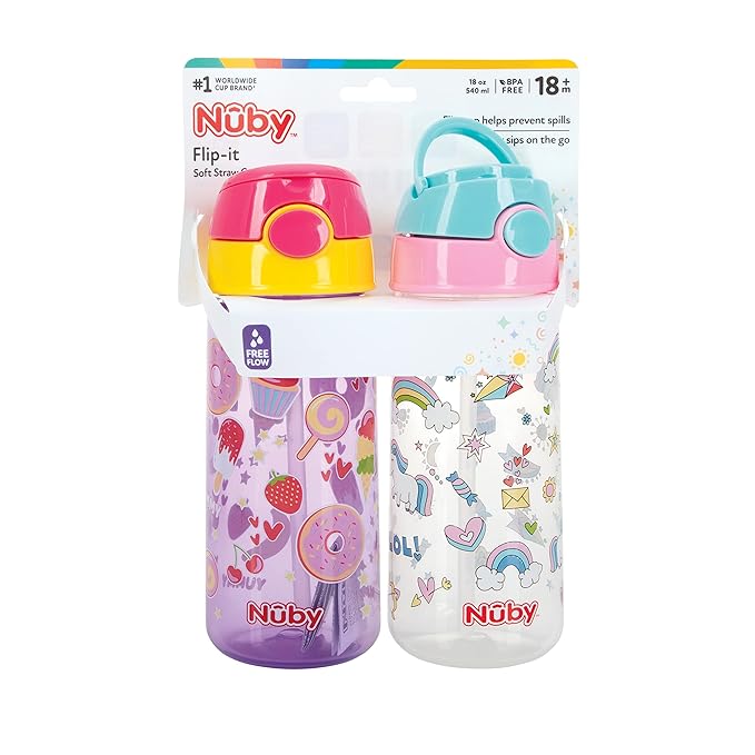 Nuby 2-Pack Kid’s Printed Flip-it Active Water Bottle with Push Button Cap and Soft Straw - 18oz / 540ml, 18+ Months, 2-Pack, Prints May Vary