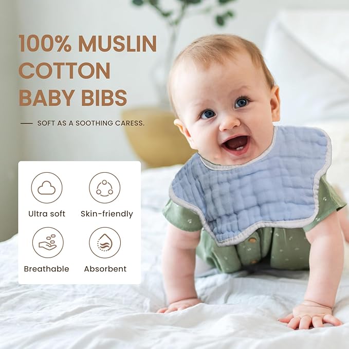 MUKIN Soft Cotton Muslin Baby Bibs 6 Pack | Adjustable Snap Closure for Newborns| Absorbent for Drooling, Teething & Feeding