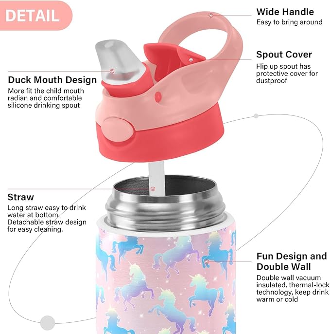 Butterfly Girls Water Bottle with Straw and Carry Handle Rainbow Cute Animals Vacuum Insulated Stainless Steel Bottles Leak-Proof for Boys Kids Toddler 12 oz Pink Lid