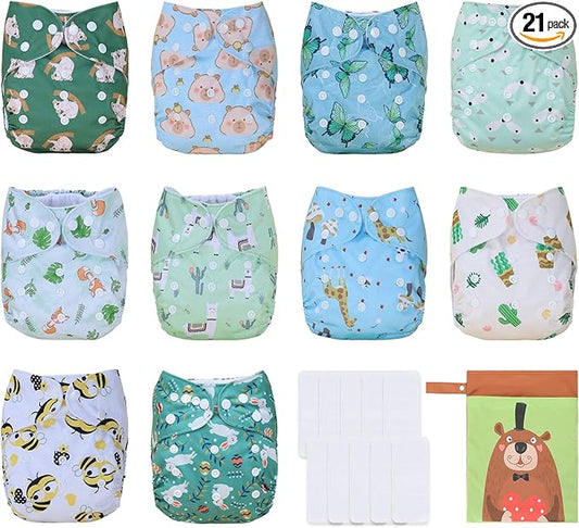 TDIAPERS Cloth Diaper Covers Reusable Washable Pocket Diapers One Size Adjustable for Baby 10 Pack with 10 Pcs Microfiber Inserts, 1 Wet Bag