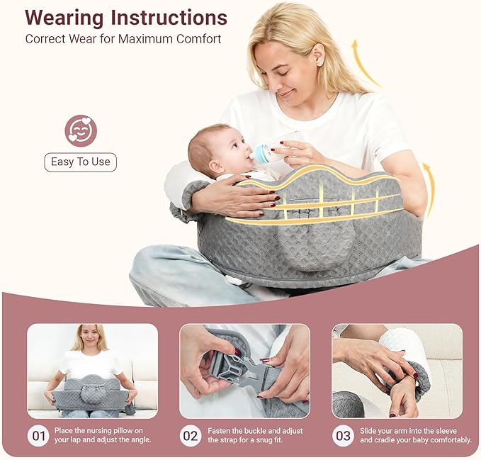 Elevated Nursing Pillow with Arm Pillow, Ergonomic Safety Memory Foam Breastfeeding Pillow, Adjustable Strap, Wider Cushion, Removable Cover & Side Pocket for Breastfeeding & Bottle Feeding