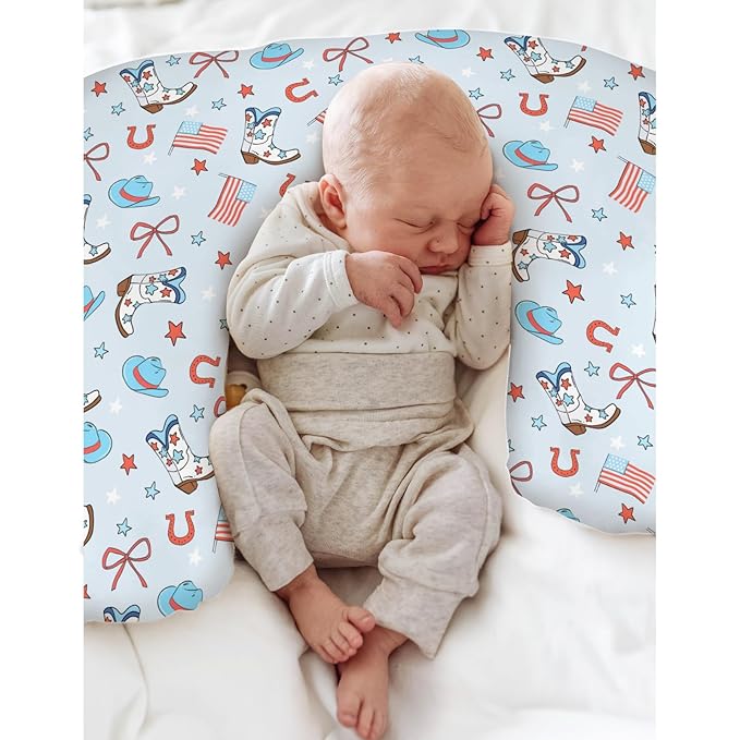 July 4th Western Cowboys Baby Nursing Pillow Covers for Boy Cowboy Boots Hat American Flag Stars Bows Nursing Slipcovers for Breastfeeding Pillows Patriotic Soft Stretchy Cover for Newborn Infant Blue