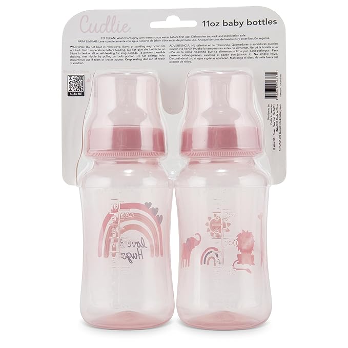 Premium 2-Pack Baby Bottles - 11 Ounce, Hourglass Shape, Fun Boys and Girls Prints, Clear Cover - BPA-Free