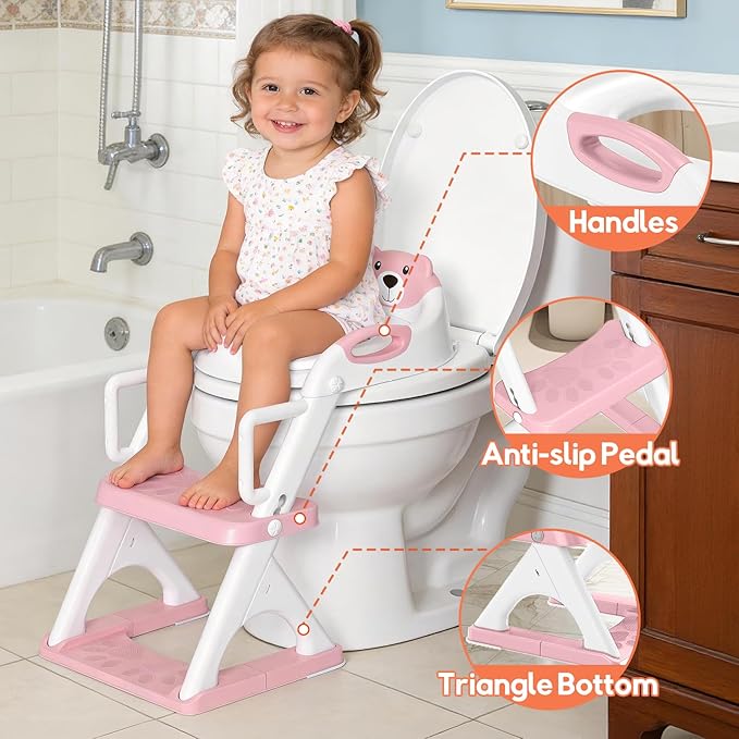 Potty Training Seat with Step Stool Ladder, Toddler Toilet Seat for Boys Girls, Adjustable 6 Heights Fits Round & Elongated Toilets, Anti-Slip Pads & Leak-Proof Guard, Pink