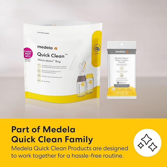 Medela Quick Clean Microwave Sterilizer Bags for Bottles and Breast Pump Parts, Reusable Up to 20 Times Per Bag, Food-Grade Material, Made Without BPA, Pack of 12