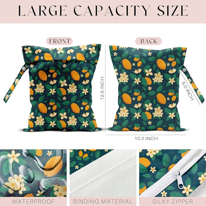 Wet Bag, Wet Dry Bag, Waterproof Swim Bags, Machine Washable Reusable Bags for Beach, Pool, Diapers, and Dirty Yoga Gym Clothes(Green, Summer Fruit Lemon Pattern
