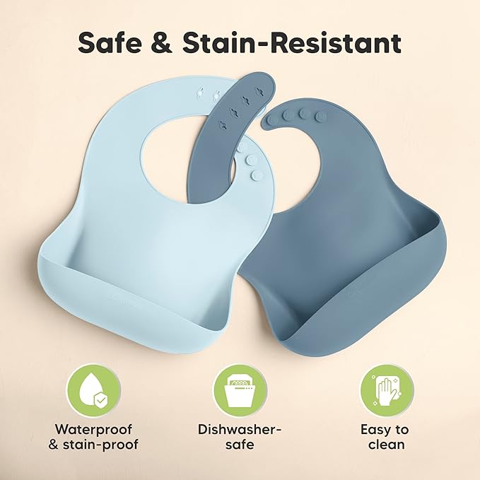KeaBabies 2-Pack Silicone Bibs for Babies, Toddlers Girl, Boy – Sturdy Food-Grade Baby Bibs for Eating, Large Food Catcher, Clean & Put On Easily, Waterproof Toddler Feeding Essentials (Ocean)