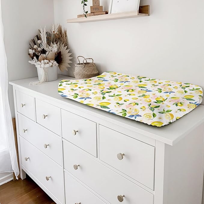 Watercolor Lemons Leaves Changing Pad Covers Summer Lemon Boho Flowers Leaves Fitted Baby Changing Table Sheets for Boy Girl Fruits Soft Breathable Stretch Diaper Change Table Pad Mats 32''x16''