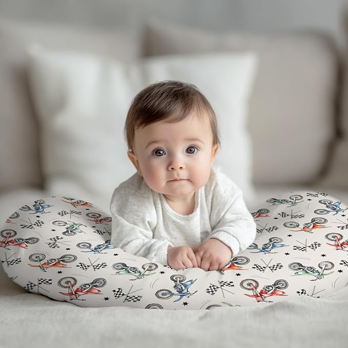 Vintage Motor Dirt Bike Nursing Pillow Cover Ultra-Soft Comfortable for Baby Girls Boys Cute Race Bikes Plaid Checker Flag Stars Breastfeeding Pillow Slipcovers for Standard Nursing Pillows