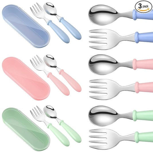 Patelai 9 Pcs Toddler Utensils with Case Stainless Steel Fork and Spoon Set Safe Baby Silverware Children Flatware Kids Cutlery with Round Handle for Lunchbox, Dishwasher Safe(Blue, Green, Pink)
