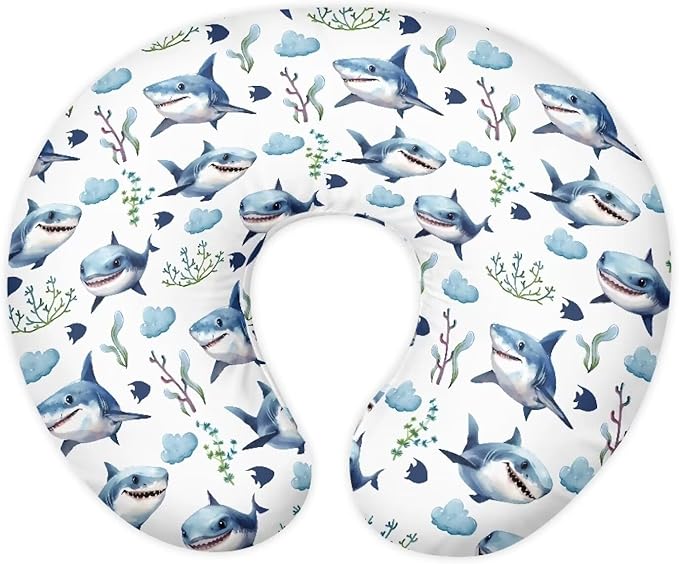 Cartoon Shark Nursing Pillow Cover Breastfeeding Pillow Covers for Breastfeeding Mom Hidden Zipper Design U-Shaped Pillow Covers Soft and Skin-Friendly