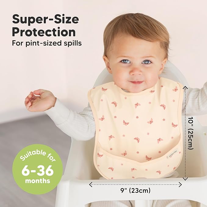 KeaBabies 3-Pack Waterproof Baby Bibs for Eating - Lightweight Toddler Feeding Bibs with Large Food Catcher, Mess Proof, Food-Grade Baby Eating Essentials, Easy to Put On & Clean (Butterflies)
