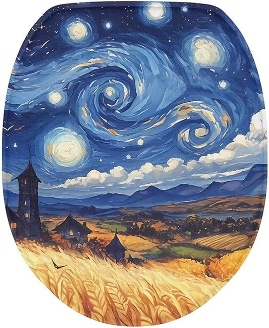 Toilet Lid Covers Flannel Fabric Breathable Toilet Seat Covers Starry Night Oil Painting Toilet Lid Cover Dustproof Seat Covers Keep Clean Tidy Reusable Toilet Protector