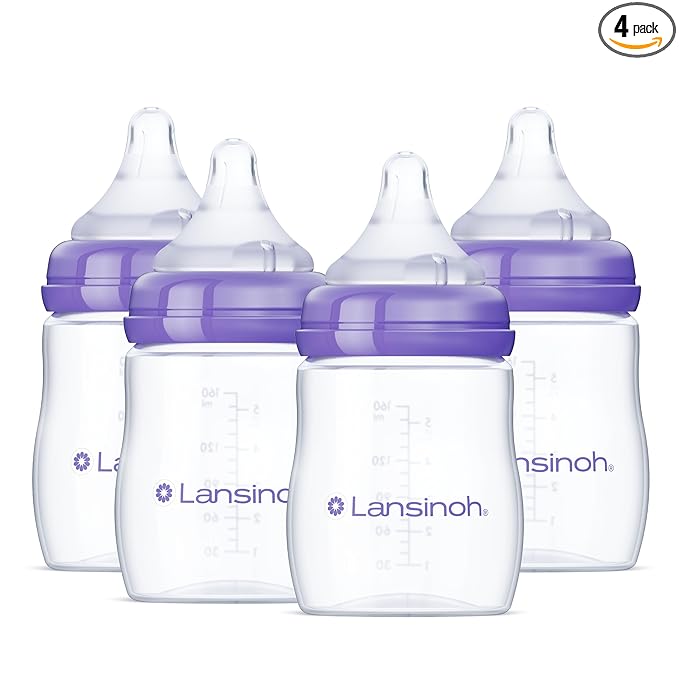 Lansinoh Anti-Colic Baby Bottles, BPA-Free Plastic, 5 Ounces, 4 Count, Slow Flow Nipples (Size S), Breastfeeding Bottle with NaturalWave Design