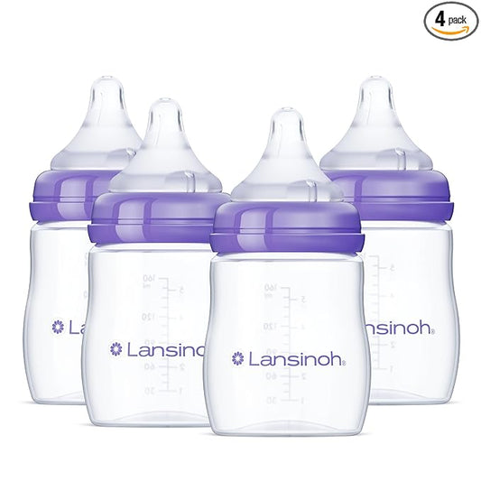 Lansinoh Anti-Colic Baby Bottles, BPA-Free Plastic, 5 Ounces, 4 Count, Slow Flow Nipples (Size S), Breastfeeding Bottle with NaturalWave Design