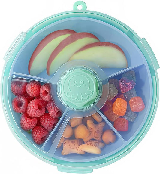 KingKam Kids Snack Spinner Containers, Reusable Toddler Spin Snack Container Box with 4 Compartments & Lid, BPA Free Food Grade Silicone Tray Dishwasher Safe, Travel Snacking Accessories (Blue/Green)