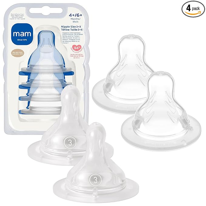 MAM Baby Bottle Nipple Mixed Pack, Fast Flow Size 3 & Extra Fast Flow Size X for Babies 4+ Months, Skin Soft BPA Free Silicone, 94% Nipple Acceptance, Fits All MAM Bottles, 4 Pack, Made in Europe