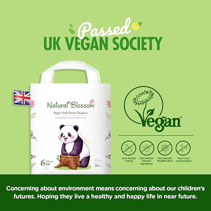 Natural Blossom Pull-On Baby Diapers | Ultra-Slim, Hypoallergenic, Super Soft, Vegan | Size 6 (4T-5T, 33 lbs+) | 80 Count