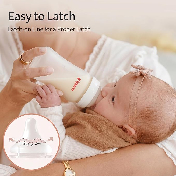 Pigeon Silicone Coating (Glass Inside/Silicone Outside) Baby Bottle, Wide Neck, Streamlined Body, Natural Feel, Easy to Clean, Heat-Resistant, 5 Oz (Pack of 2), Includes 2 pcs SS Nipples (0m+)