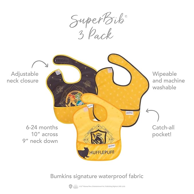 Bumkins Bibs for Girl or Boy, SuperBib Baby and Toddler for 6-24 Months, Essential Must Have for Eating, Feeding, Baby Led Weaning, Mess Saving Waterproof Soft Fabric, 3-pk Harry Potter Hufflepuff