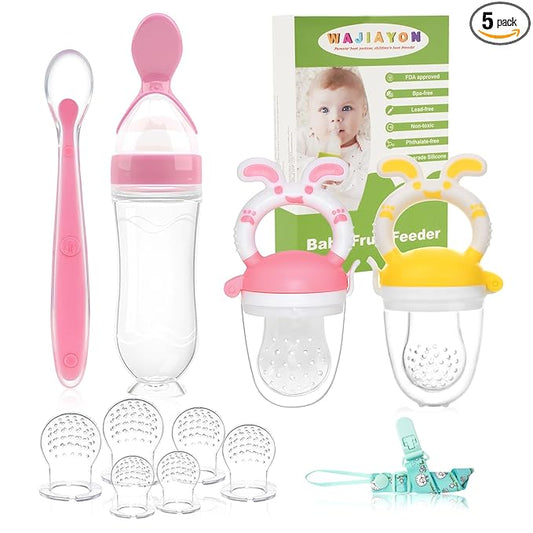 Baby Fruit Feeder Pacifier | 2 Infant Food Feeder Pacifier & 1 Baby Food Dispensing Spoon | Mesh Fresh Fruit Teethers for Babies Teething Feeders | Shower Gifts for Boys and Girls (Pink)