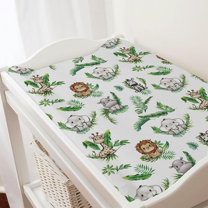 Baby Safari Animals Tropical Palm Leaves Changing Pad Covers Lion Elephant Giraffe Zebra Hippo Diaper Change Table Pad Covers for Girl Boy Soft Breathable Stretch Changing Mat Sheets 32''x16''