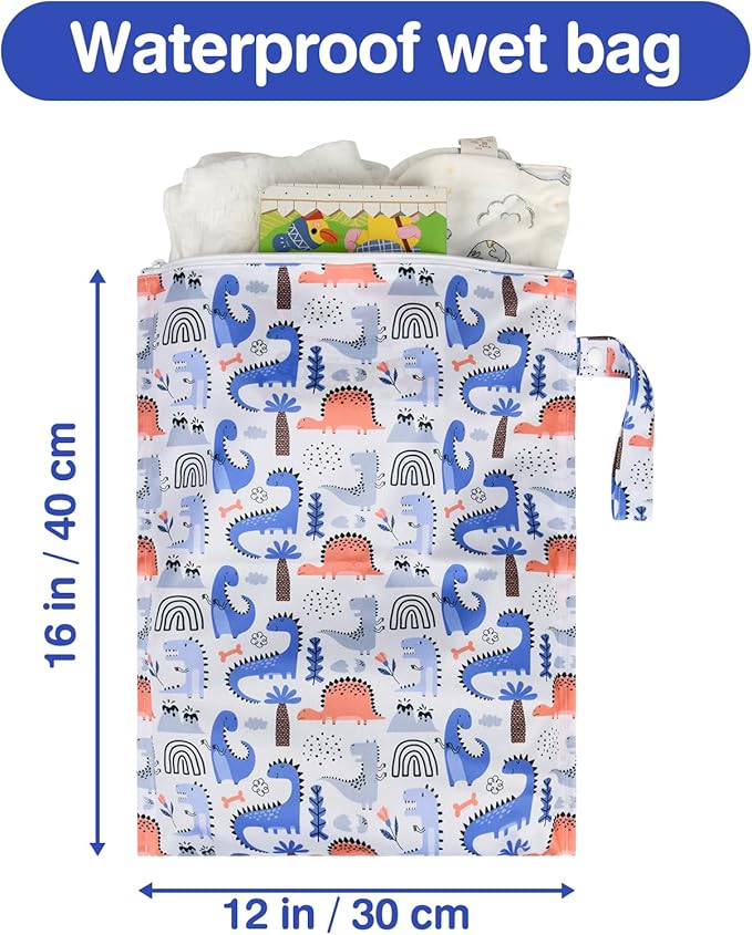 Mess-Proof Waterproof Wet Dry Bag,2 Pack Reusable Wet Bags for Swimsuits& Baby Clothes,Leakproof Wet Bag for Travel & Diaper Changes for Baby-Dinosaur,Lion