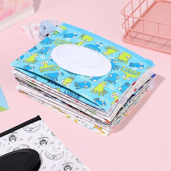 Portable Wet Wipe Pouch, Refillable Baby Wipe Dispenser with Snap Strap, Travel Reusable Wipes Container Wipe Carrying Case Holder(4)