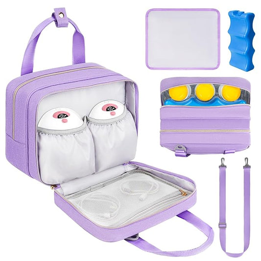 Wearable Breast Pump Bag with Cooler Compartment Compatible with Momcozy M5/S12 Pro, Elvie & Medela Pump in Style, Carrying Case with a Ice Pack & Waterproof Mat for Breast Pump and Accessories,Purple