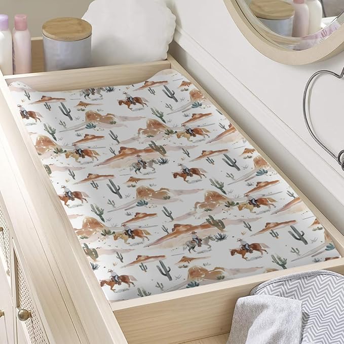 Watercolor Western Cactus Horse Mountain Baby Changing Pad Cover, Unisex Western Theme Nursery Diaper Changing Table Pad Mat Sheet for Boys Girls-16x32