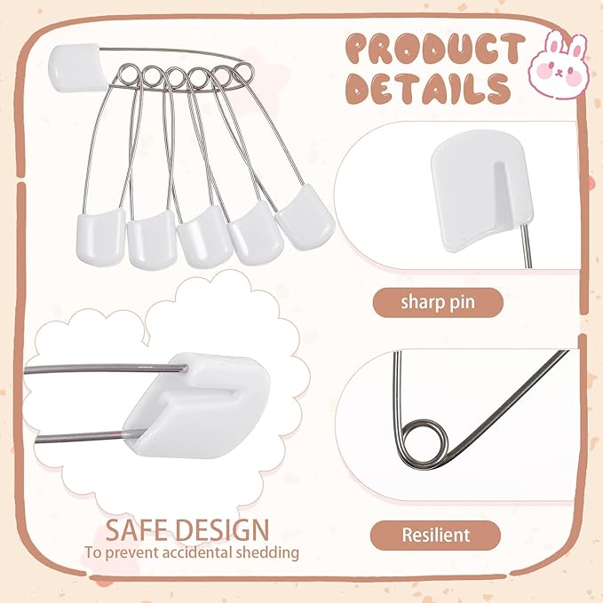 WILLBOND 8 Pcs Diaper Pins Safety 2.2 Inch Plastic Head Cloth Diaper Nappy Pins with Locking Closures Stainless Steel with Velvet Bag (White)