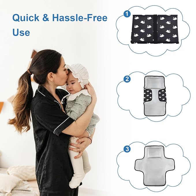 Cute Swan Portable Diaper Changing Mat,Waterproof Foldable Travel Changing Pad,On-The-Go Wipeable Reusable Changing Pad – Waterproof & Compact,for Diaper Bags,Travel,Car Backseat Changes,Strollers