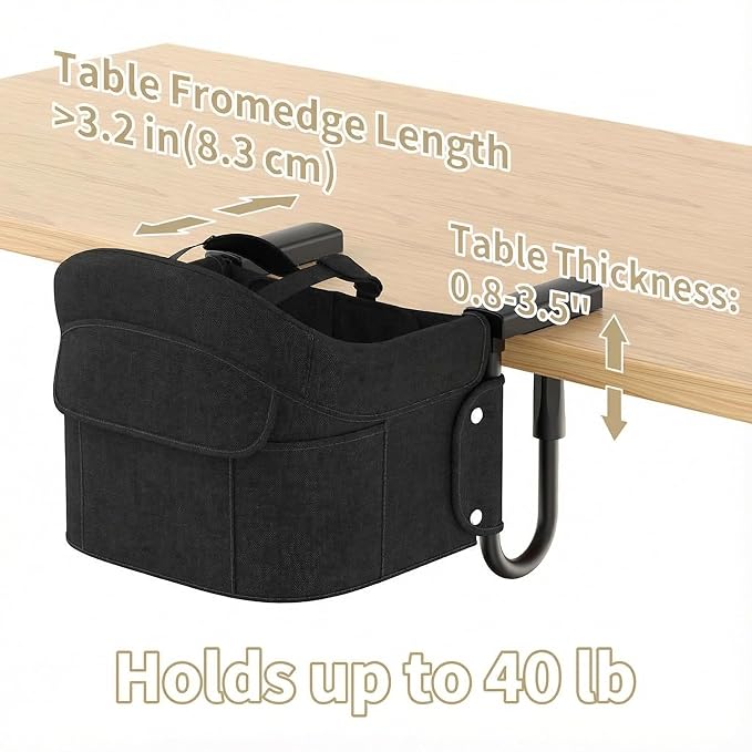 Portable Hook On High Chair for Babies & Toddlers from 6-36 Months,Clip On Baby Seat for Table,Fits Tables 0.8" to 3.5" Thick,Easy Clean Feeding Chair with Carry Bag for Travel,Black