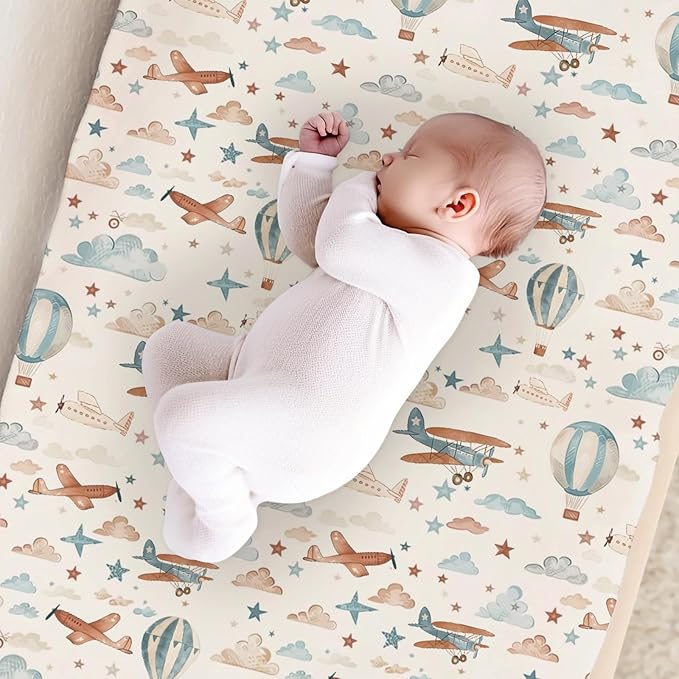 Watercolor Planes Stars Cloud Hot Air Balloon Pattern Baby Changing Pad Cover, Unisex Plane Nursery Diaper Changing Table Pad Mat Sheet for Boys Girls-16x32