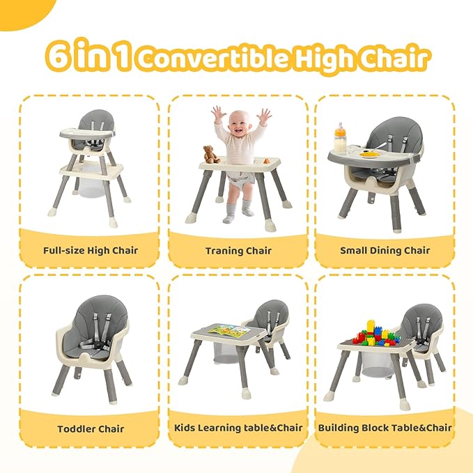 JOYMOR 7 in 1 High Chair for Babies and Toddlers, Convertible Kids Learning Table and Chair with Large Baske for Storage (Gray)