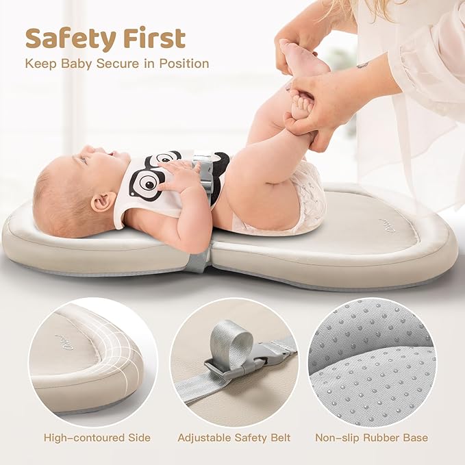 Orzbow Baby Changing Pad, Foldable Diaper Changing Pad for Dresser and Table, Wipeable Changing Pad Easy to Clean, Waterproof PU & Soft Foam Inner, Non-Slip, with Safety Belt, 28" × 19", Beige