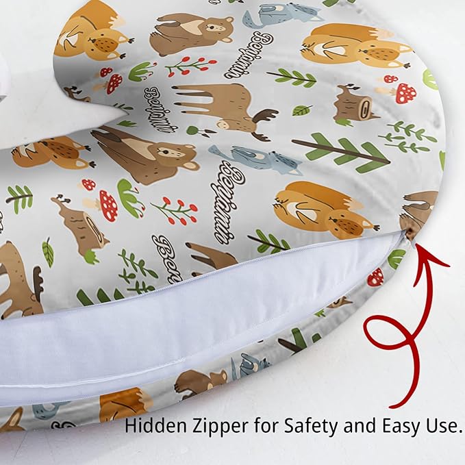 Baby Nursing Pillow Cover - Personalized Name Breastfeeding Pillow Cover with Fox Pattern, Stretchy Removable U-Shaped for New Moms, Soft Breathable Slipcover for Infant Boys Girls
