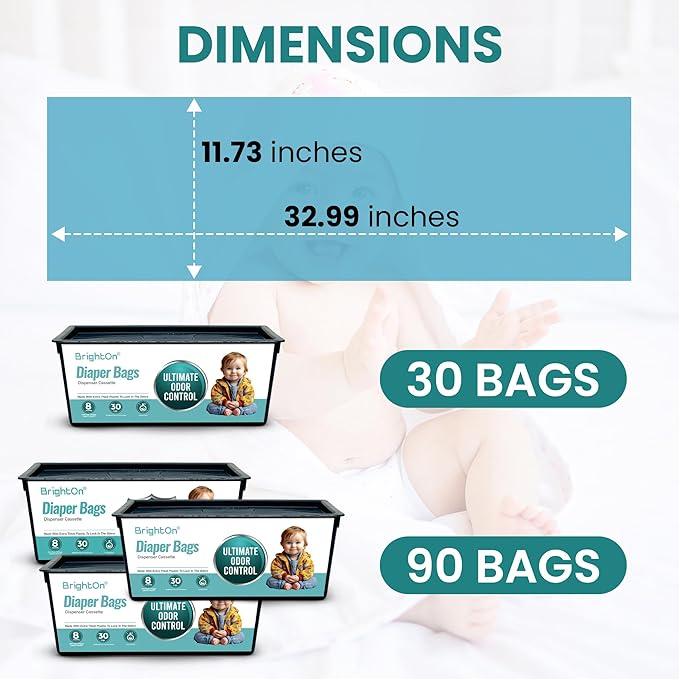 BrightOn® Diaper Pail Refill Bags, 30 Bags Per Refill, Compatible with Genie Easy Roll Signature Diaper Pails, Holds Up to 4230 Newborn Diapers, Real 7 Layer Odor Barrier, Unscented, 3PACK (90 Bags)