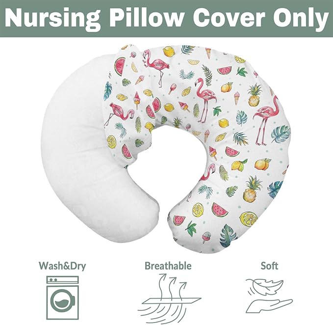 Pink Flamingo Tropical Flowers Leaves Baby Nursing Pillow Covers for Boy Girl Summer Birds Fruits Nursery Pillowcase for Breastfeeding Pillows Boho Beach Vacation Soft Stretchy Slipcovers for Newborn
